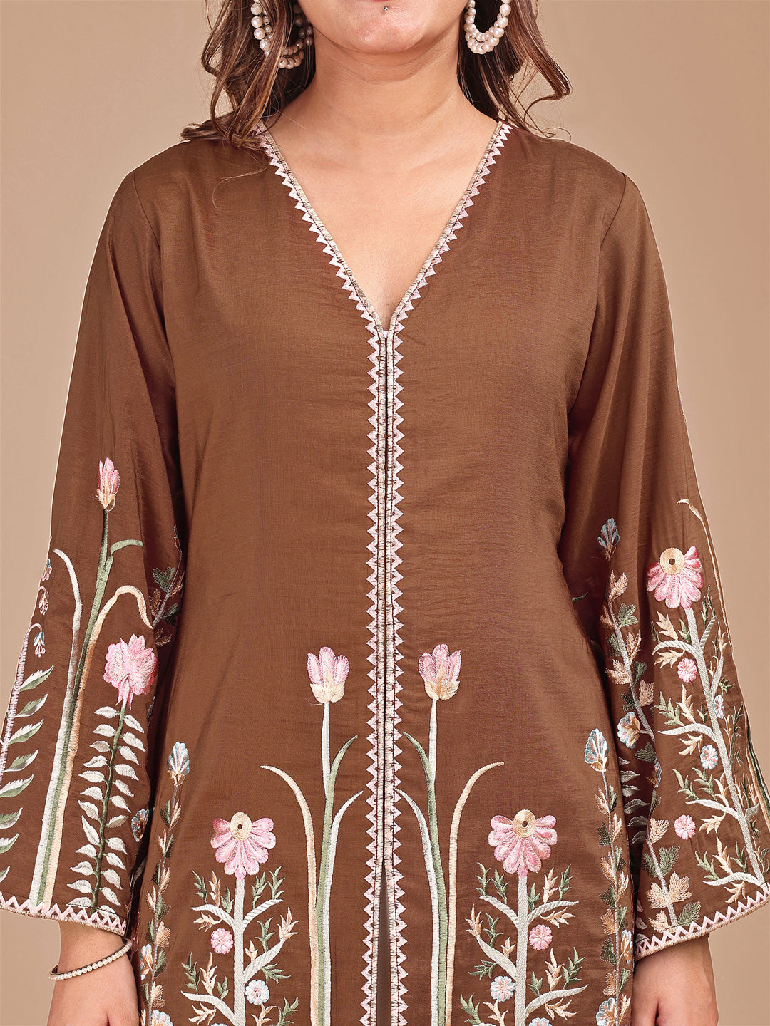 Brown-&-Cream-Silk-Embroidered-Co-ord-Set