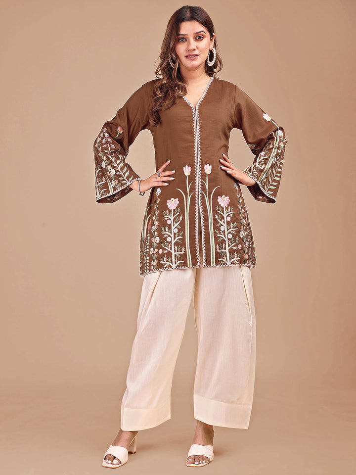 Brown-&-Cream-Silk-Embroidered-Co-ord-Set