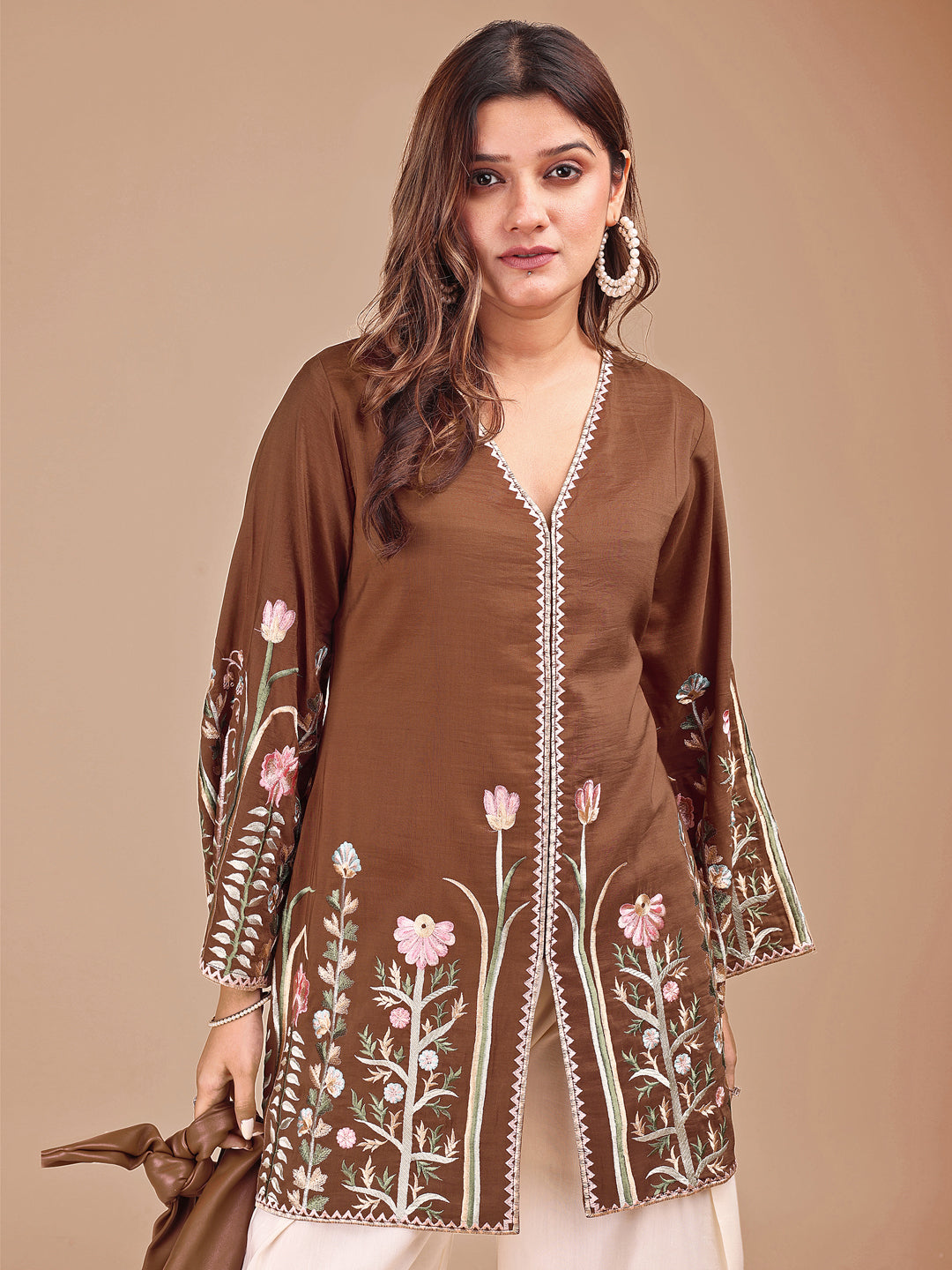 Brown-&-Cream-Silk-Embroidered-Co-ord-Set
