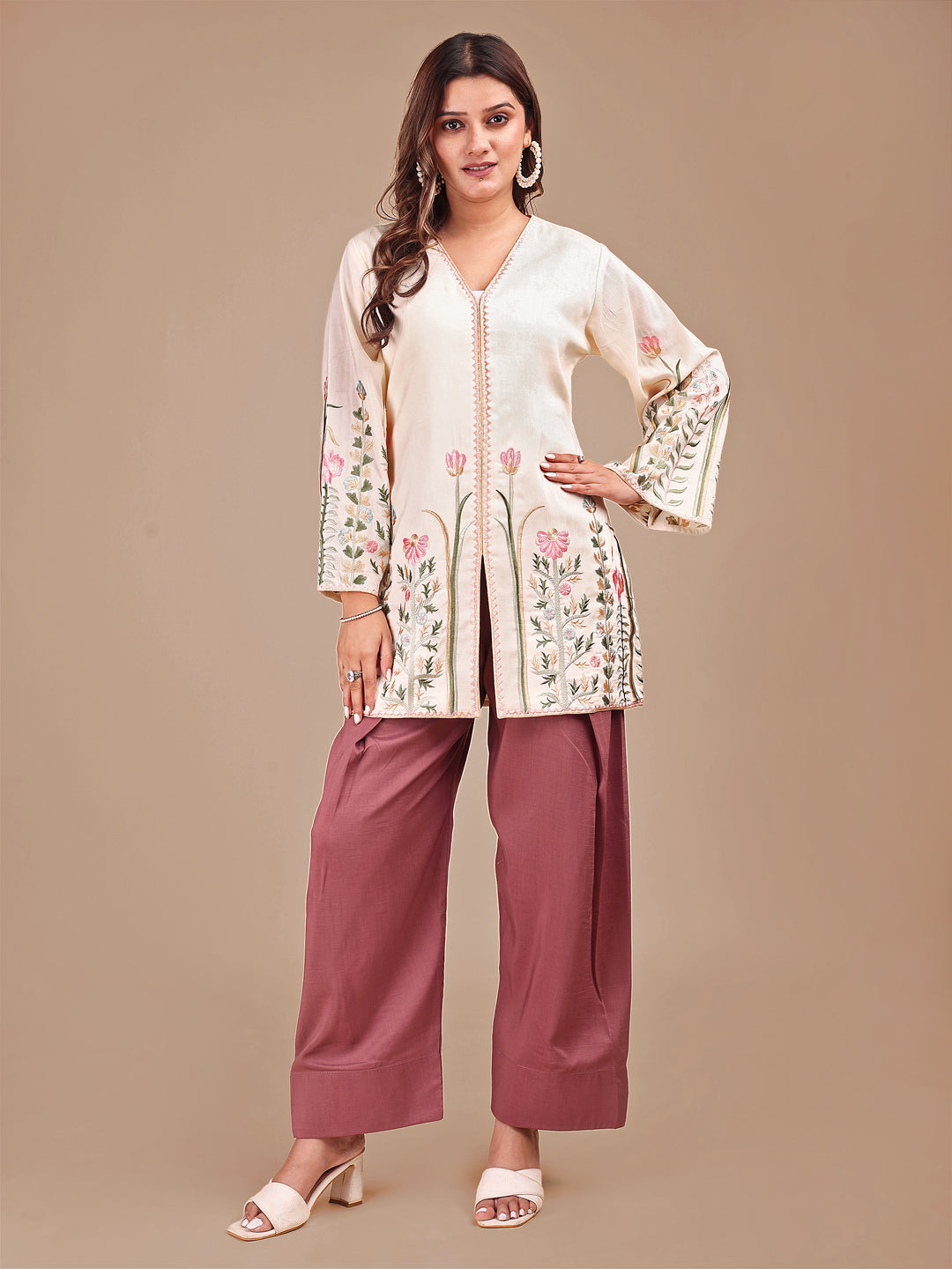 Cream-&-Rose-Silk-Embroidered-Co-ord-Set