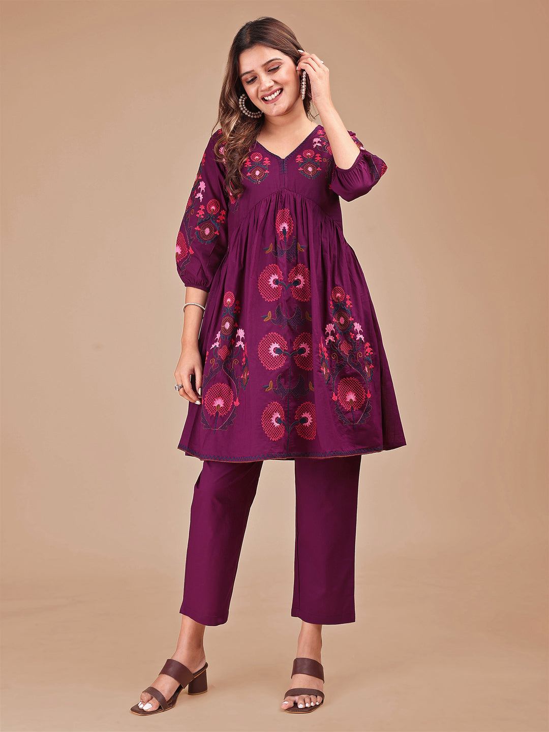 Wine-Cotton-Contrast-Thread-Work-Co-ord-Set