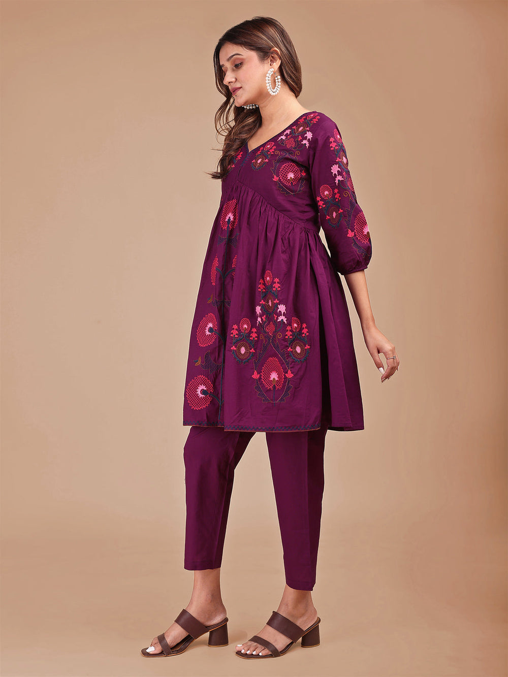 Wine-Cotton-Contrast-Thread-Work-Co-ord-Set