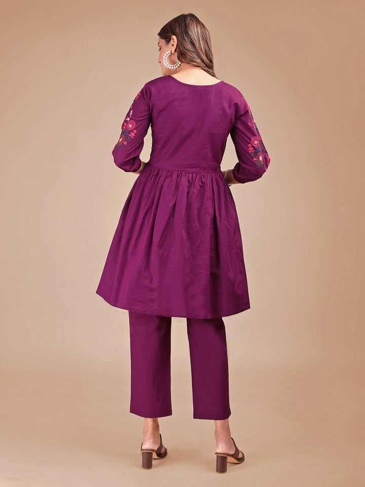 Wine-Cotton-Contrast-Thread-Work-Co-ord-Set