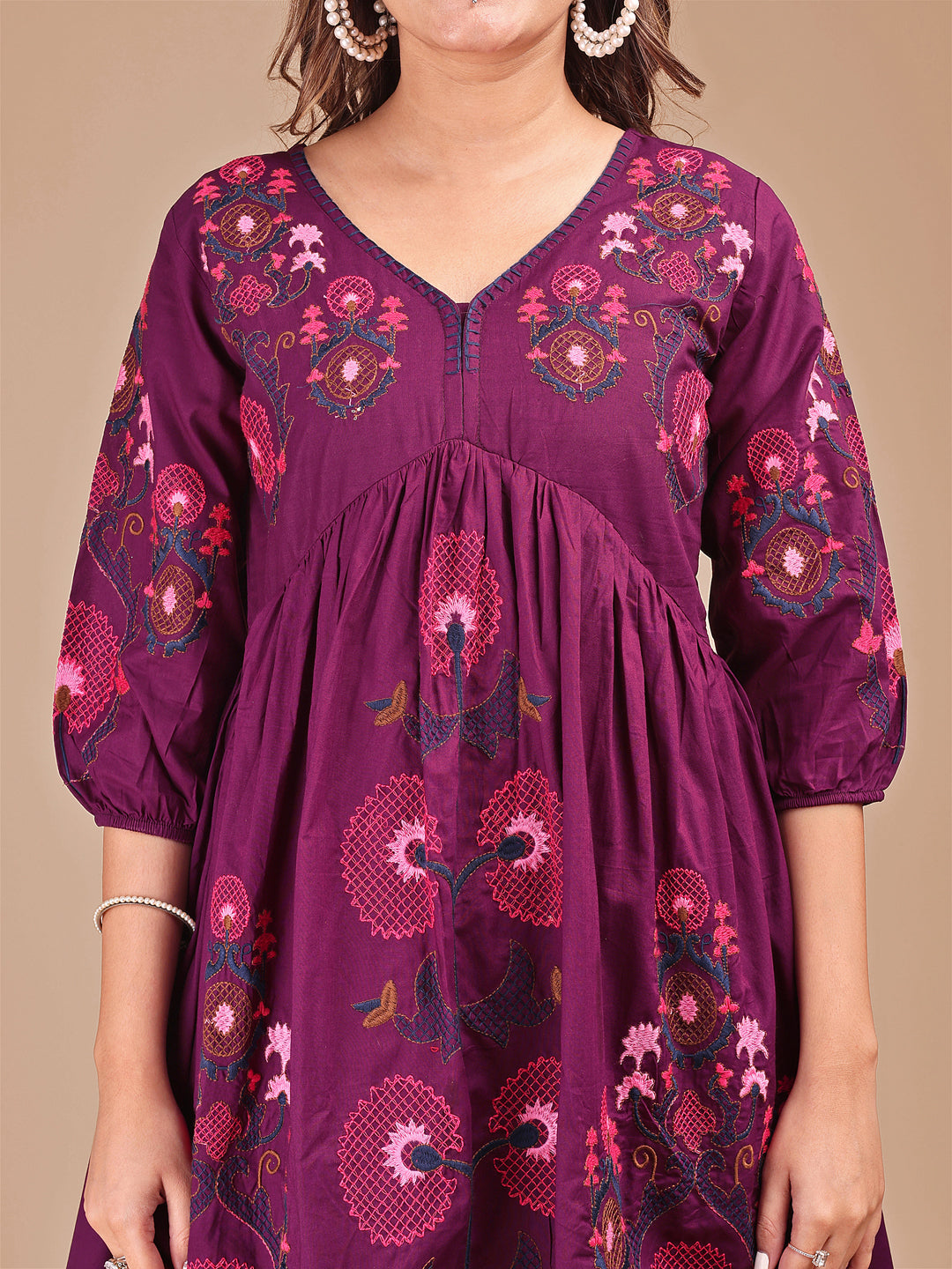 Wine-Cotton-Contrast-Thread-Work-Co-ord-Set