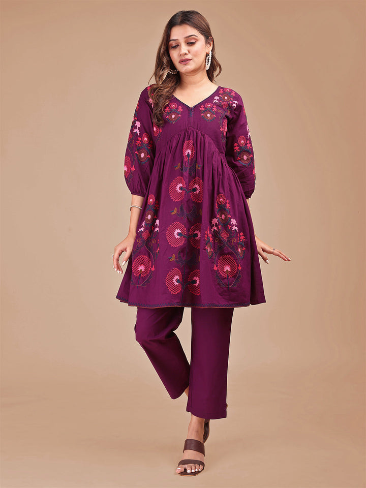 Wine-Cotton-Contrast-Thread-Work-Co-ord-Set