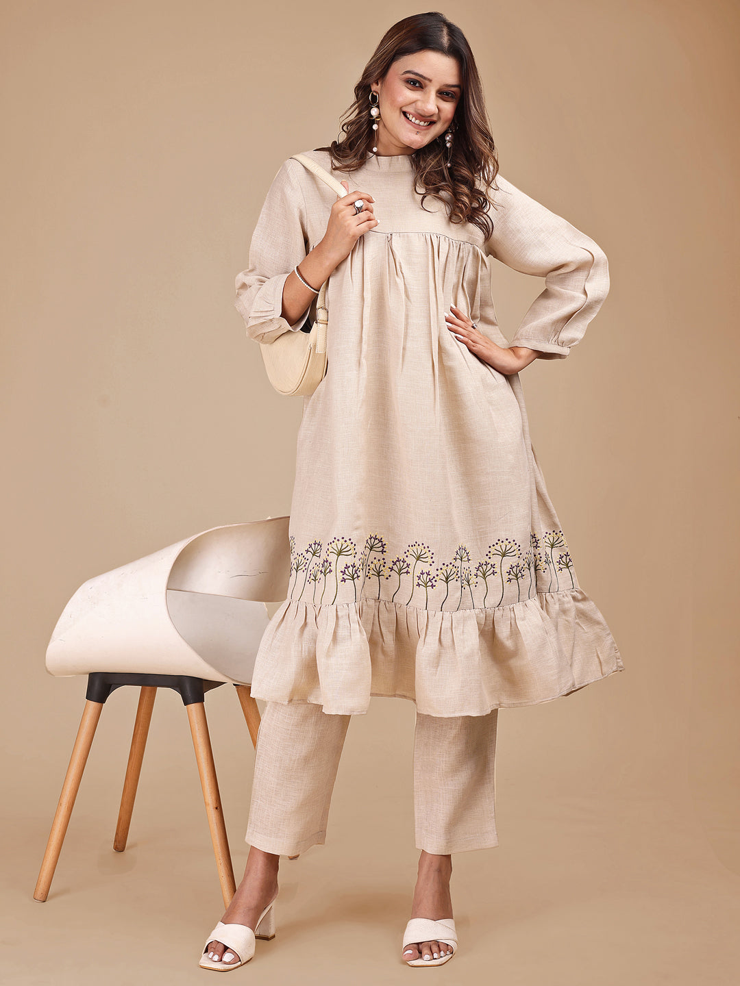 Beige-Linen-Embroidered-Empire-Co-ord-Set