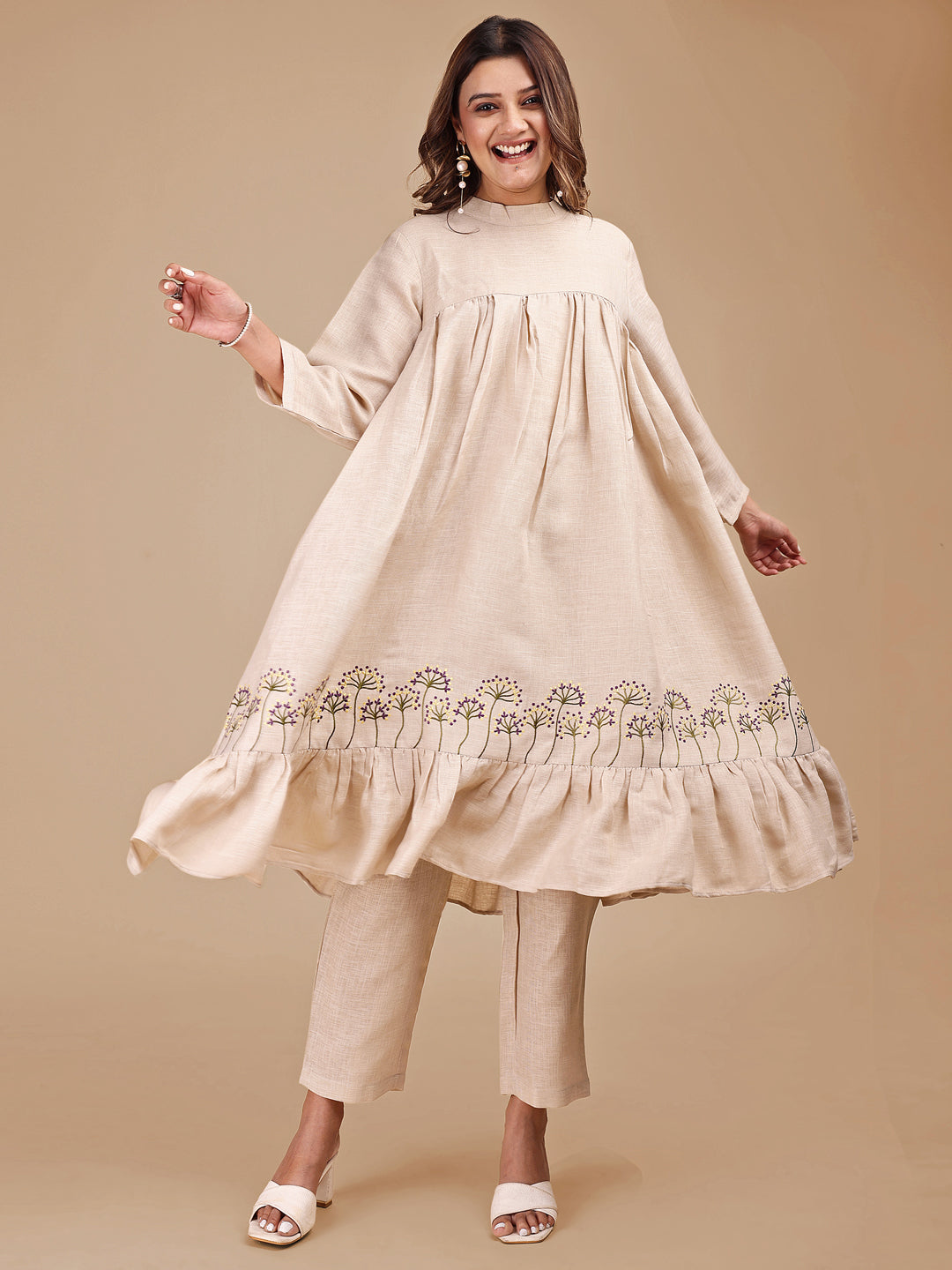 Beige-Linen-Embroidered-Empire-Co-ord-Set