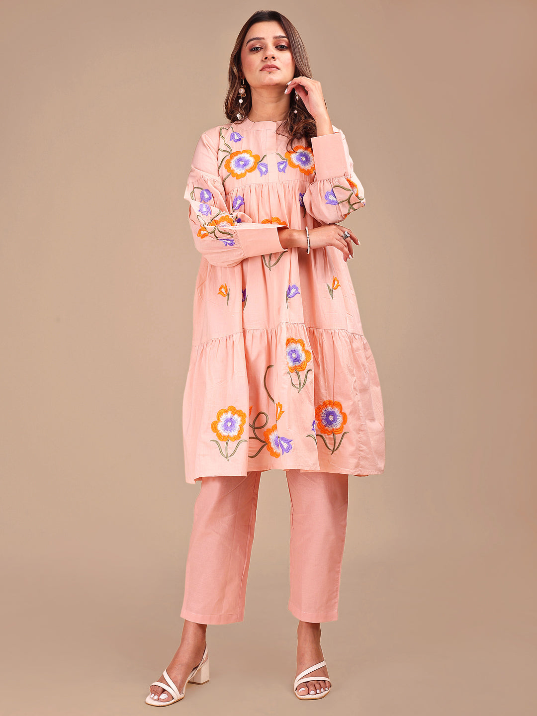 Peach-Pink-Cotton-Tiered-Heavy-Embroidered-Co-ord-Set-