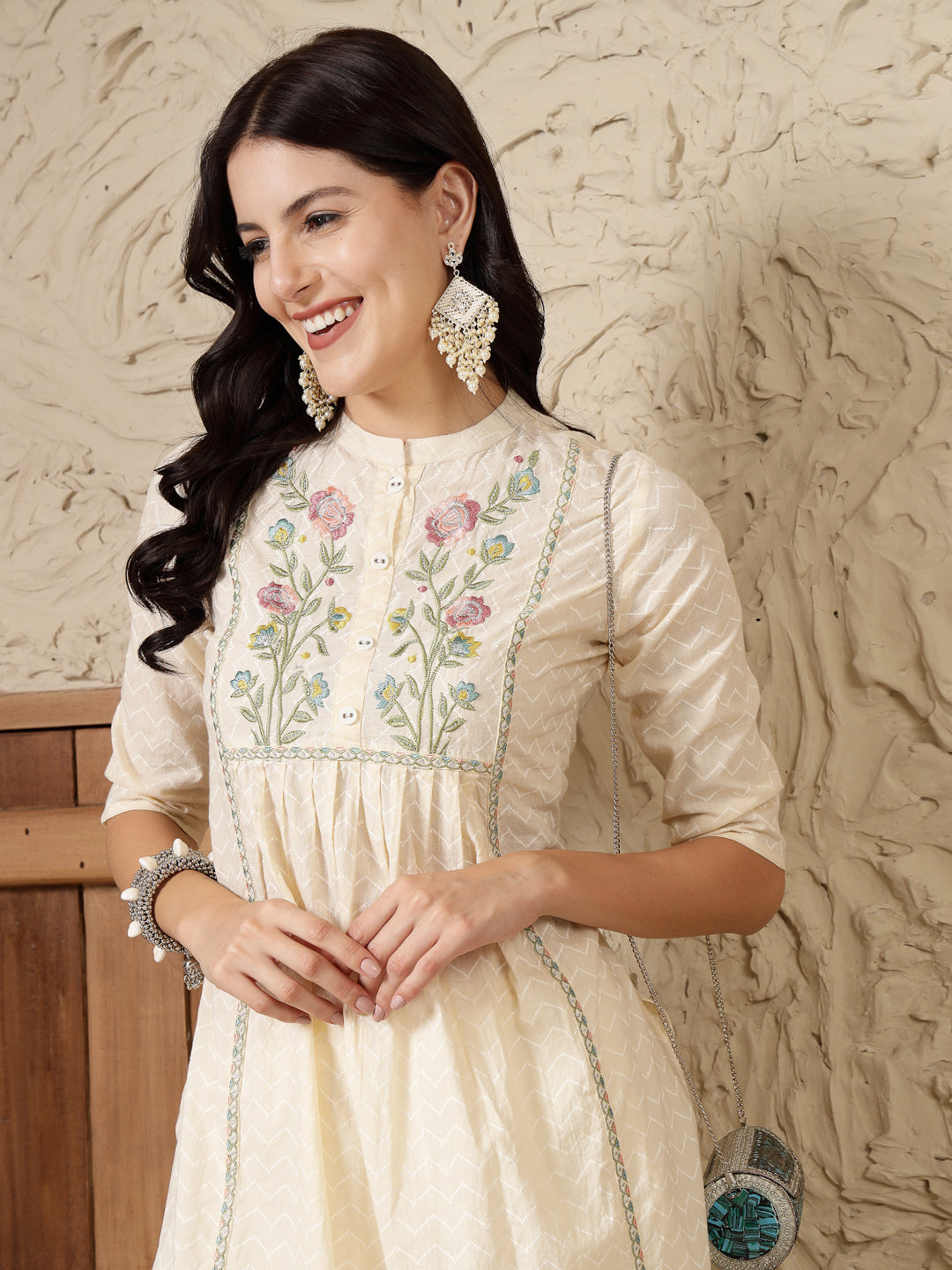 Cream Self Designed & Embroidered Cotton A-Line Kurta