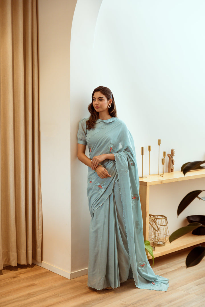 Powder Blue Embroidered Ready to Wear Saree