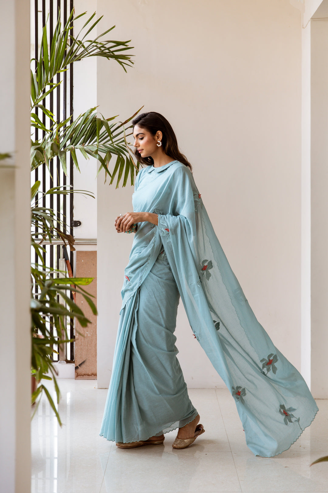 Powder Blue Embroidered Ready to Wear Saree