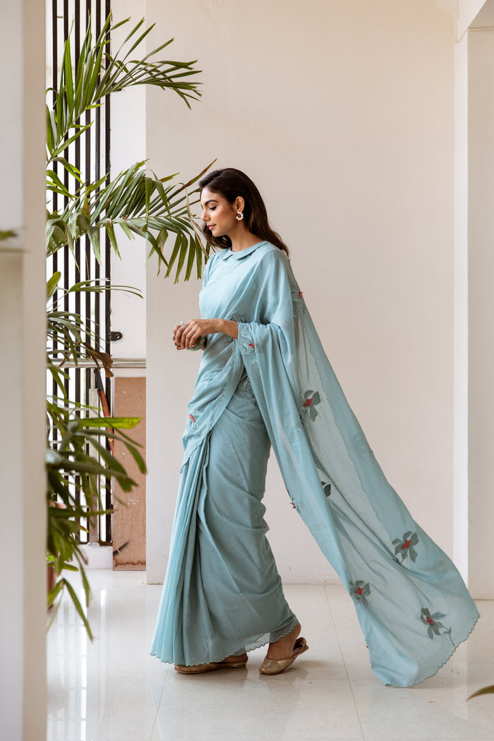 Powder Blue Embroidered Ready to Wear Saree