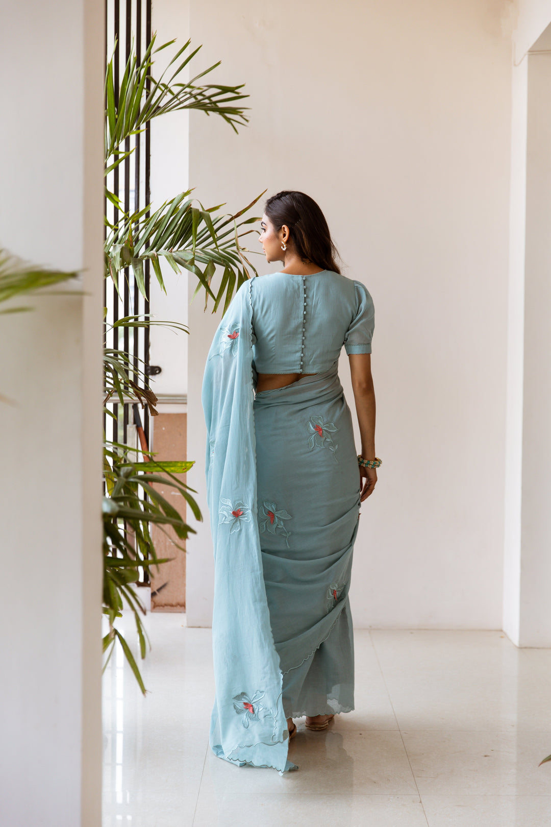 Powder Blue Embroidered Ready to Wear Saree