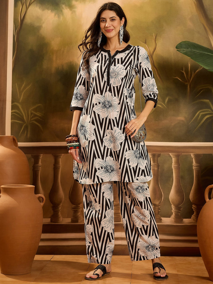 Black Striped & Floral Printed Cotton Co-ord Set