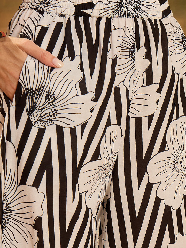Black Striped & Floral Printed Cotton Co-ord Set