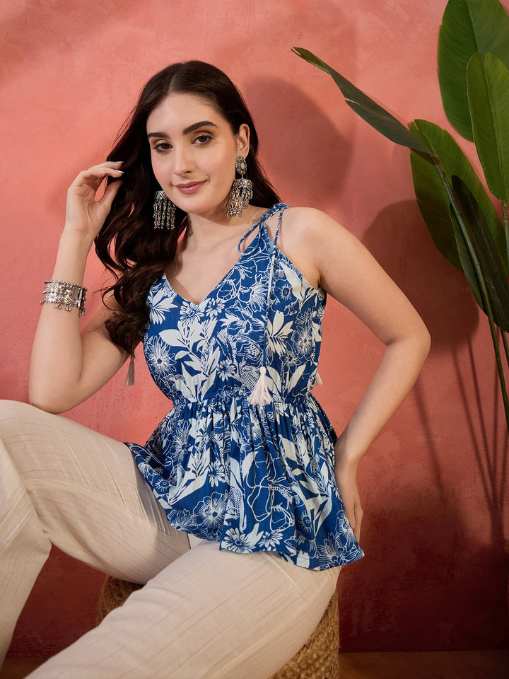 Blue Tropical Printed Cotton Co-ords Set