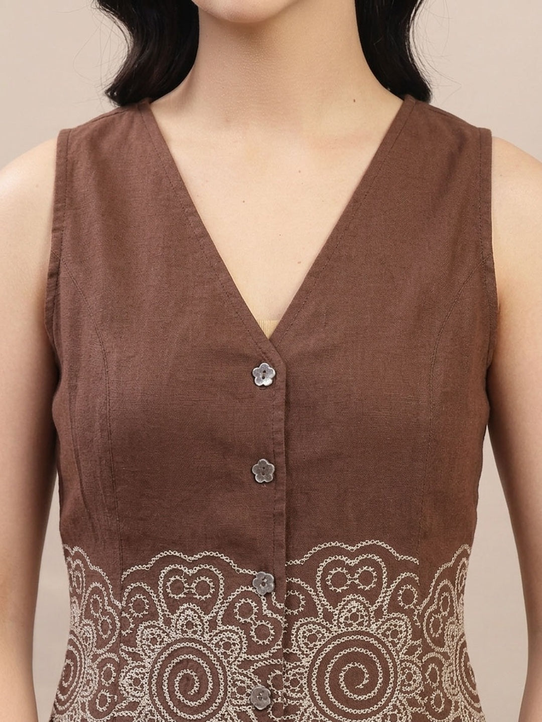 Brown Solid & Embroidered Cotton Co-Ord Set