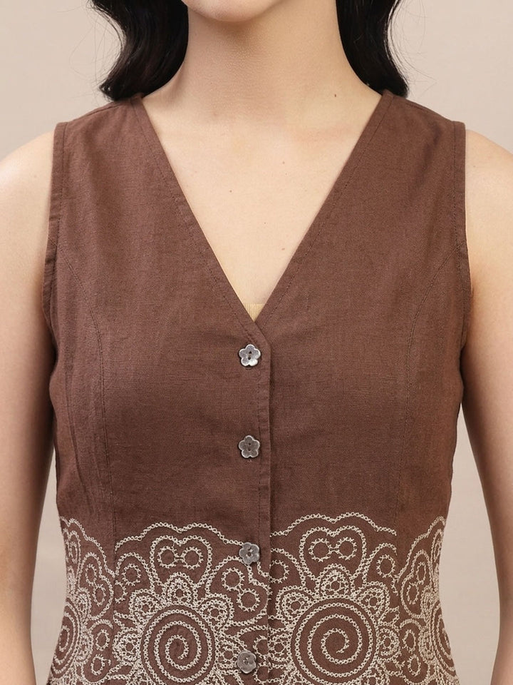 Brown Solid & Embroidered Cotton Co-Ord Set
