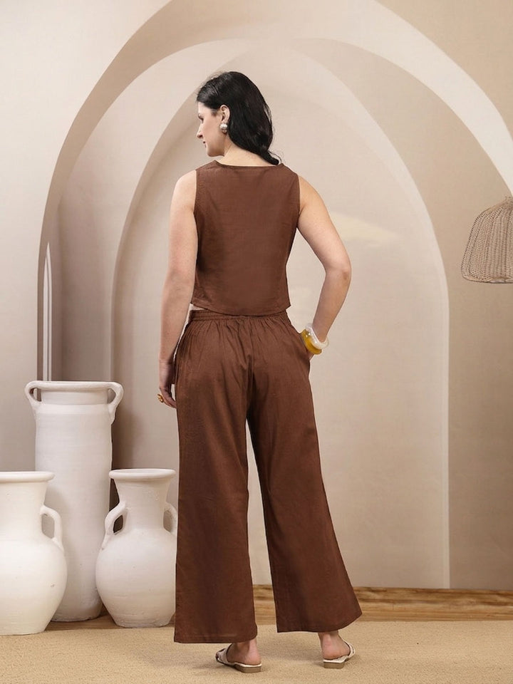 Brown Solid & Embroidered Cotton Co-Ord Set