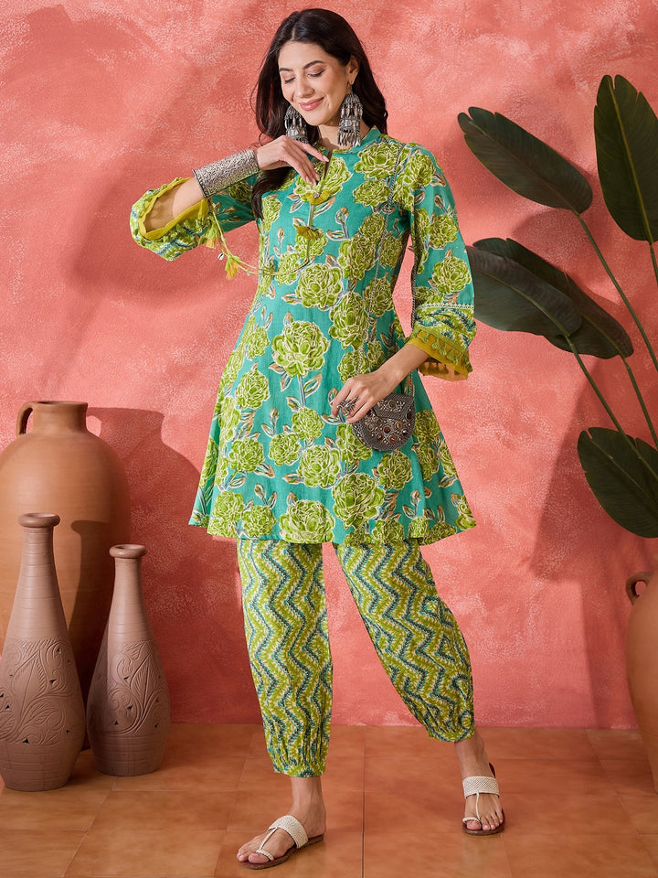 Green Floral Printed Cotton Co-Ord Set