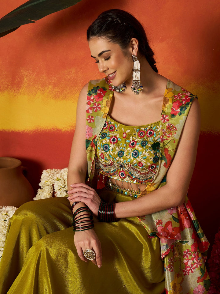 Green Floral Printed & Embroidered Chinon Co-Ord Set