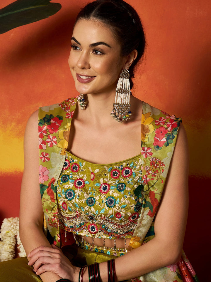 Green Floral Printed & Embroidered Chinon Co-Ord Set