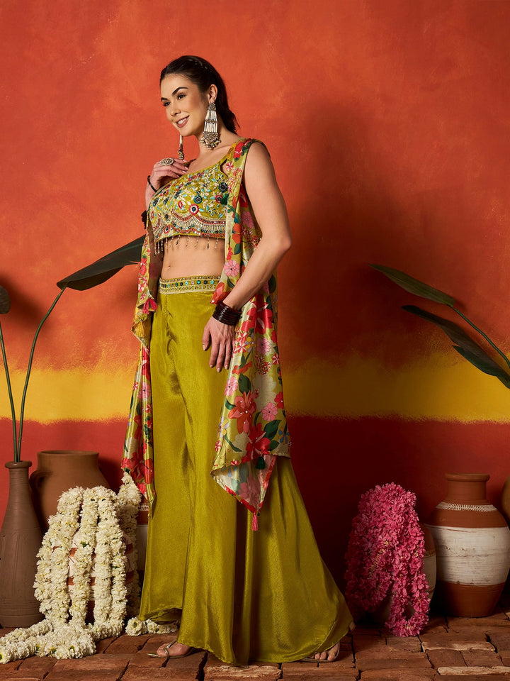 Green Floral Printed & Embroidered Chinon Co-Ord Set