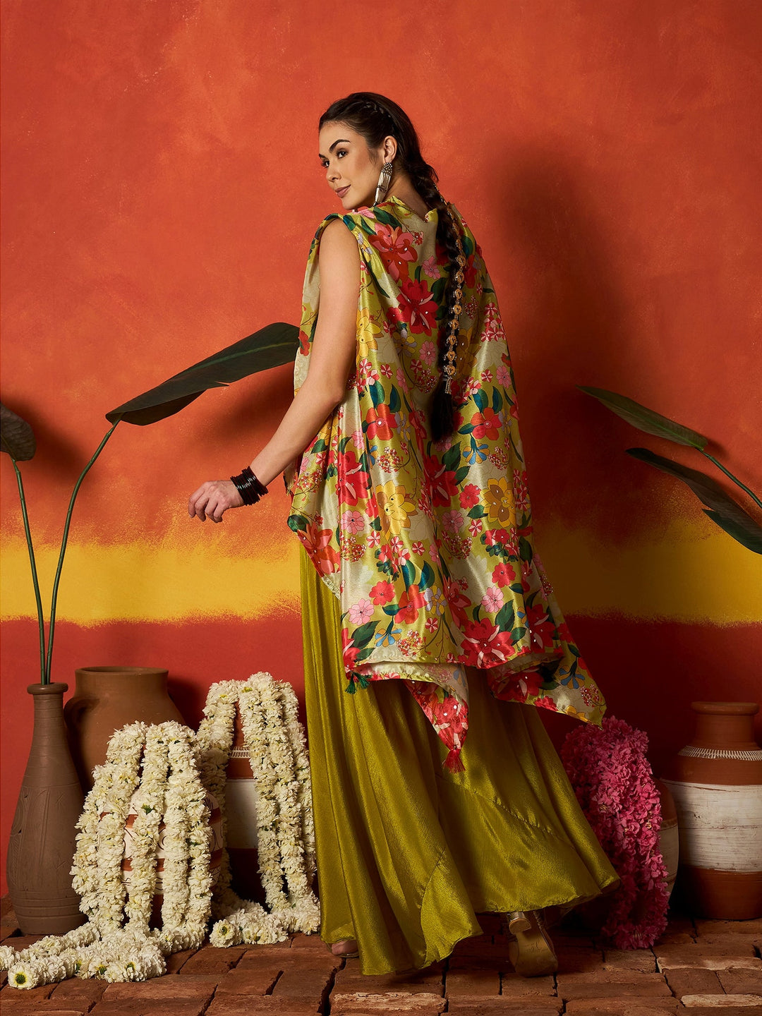 Green Floral Printed & Embroidered Chinon Co-Ord Set