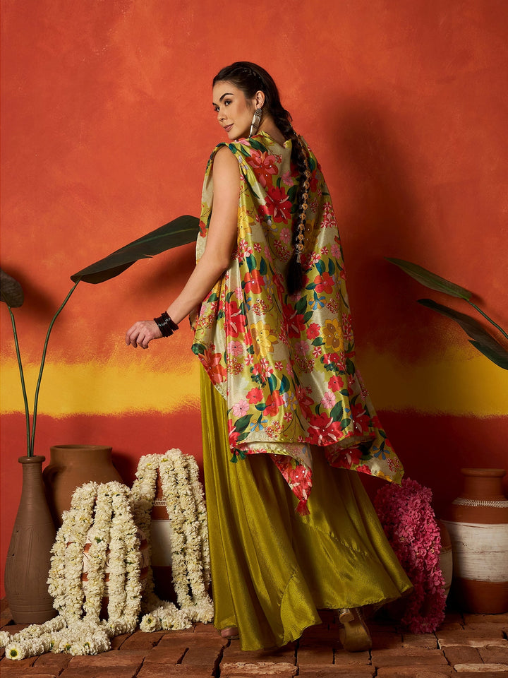 Green Floral Printed & Embroidered Chinon Co-Ord Set
