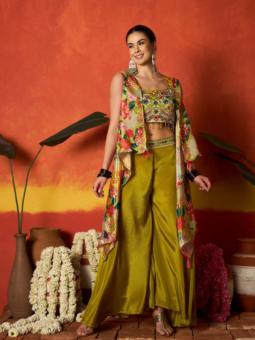 Green Floral Printed & Embroidered Chinon Co-Ord Set