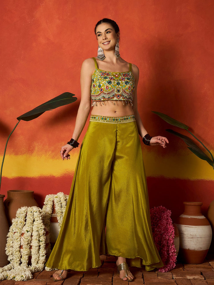 Green Floral Printed & Embroidered Chinon Co-Ord Set