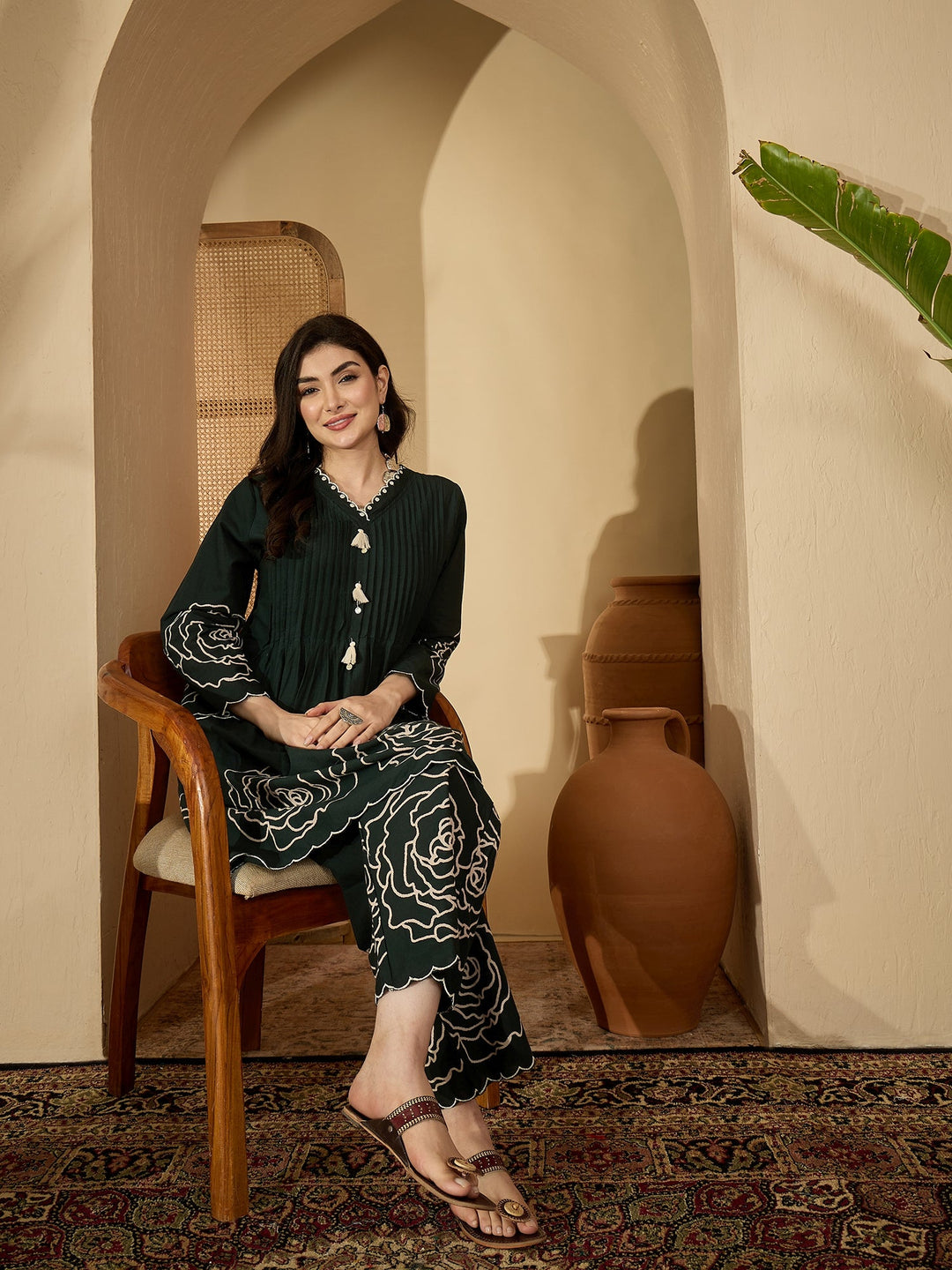 Green Floral Printed & Embroidered Cotton Co-Ord Set