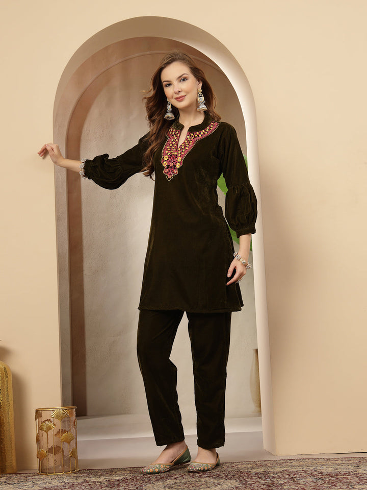 Olive Solid & Embroidered Velvet Co-Ord Set