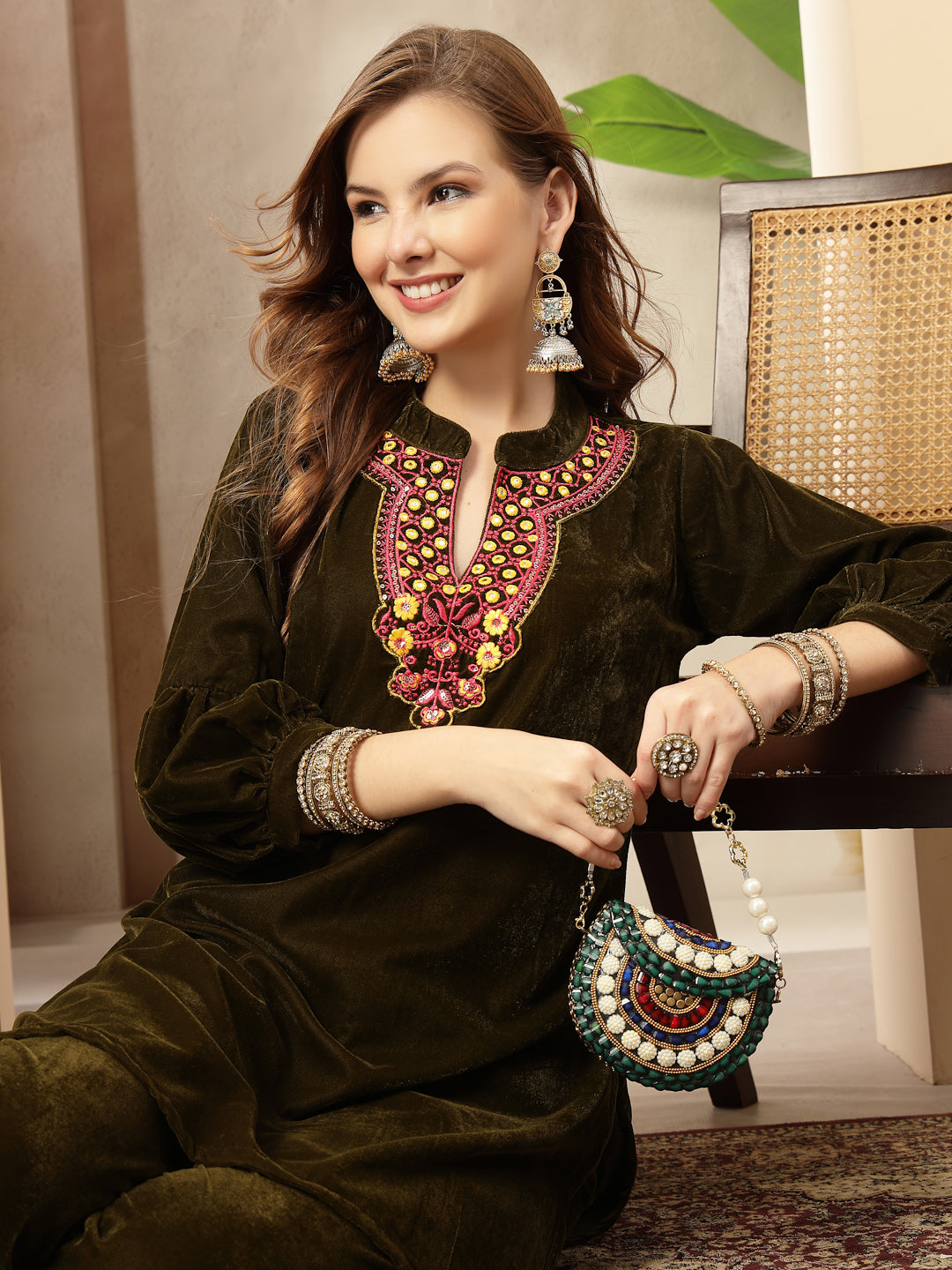 Olive Solid & Embroidered Velvet Co-Ord Set