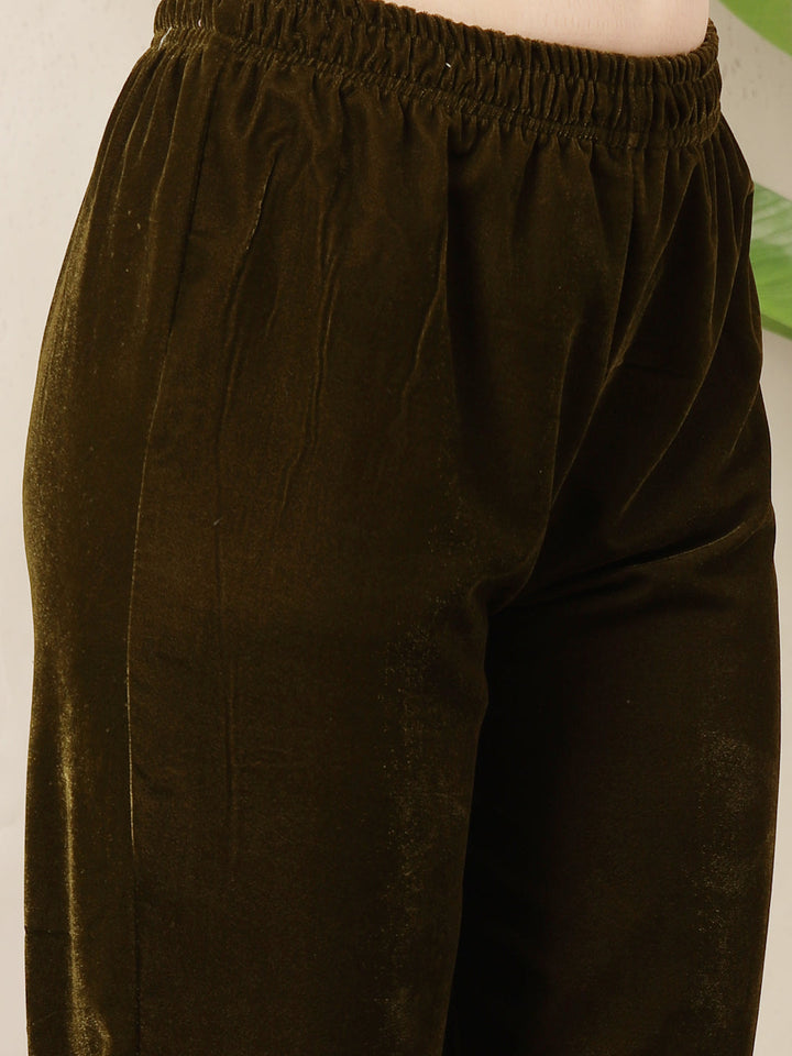 Olive Solid & Embroidered Velvet Co-Ord Set
