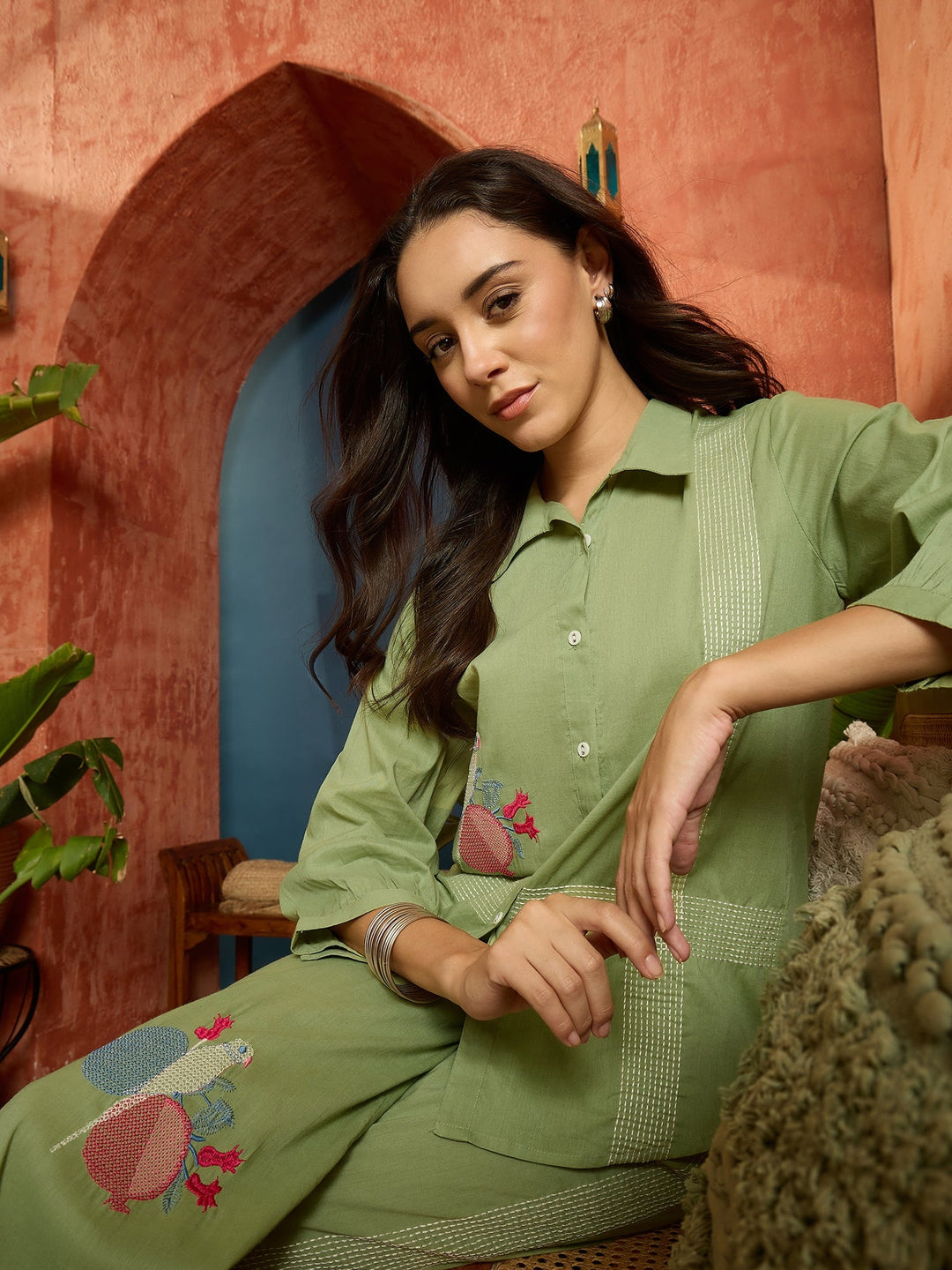 Pista Green Solid & Embroidered Cotton Slub Co-Ord Set