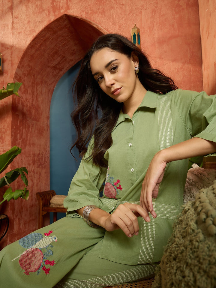 Pista Green Solid & Embroidered Cotton Slub Co-Ord Set