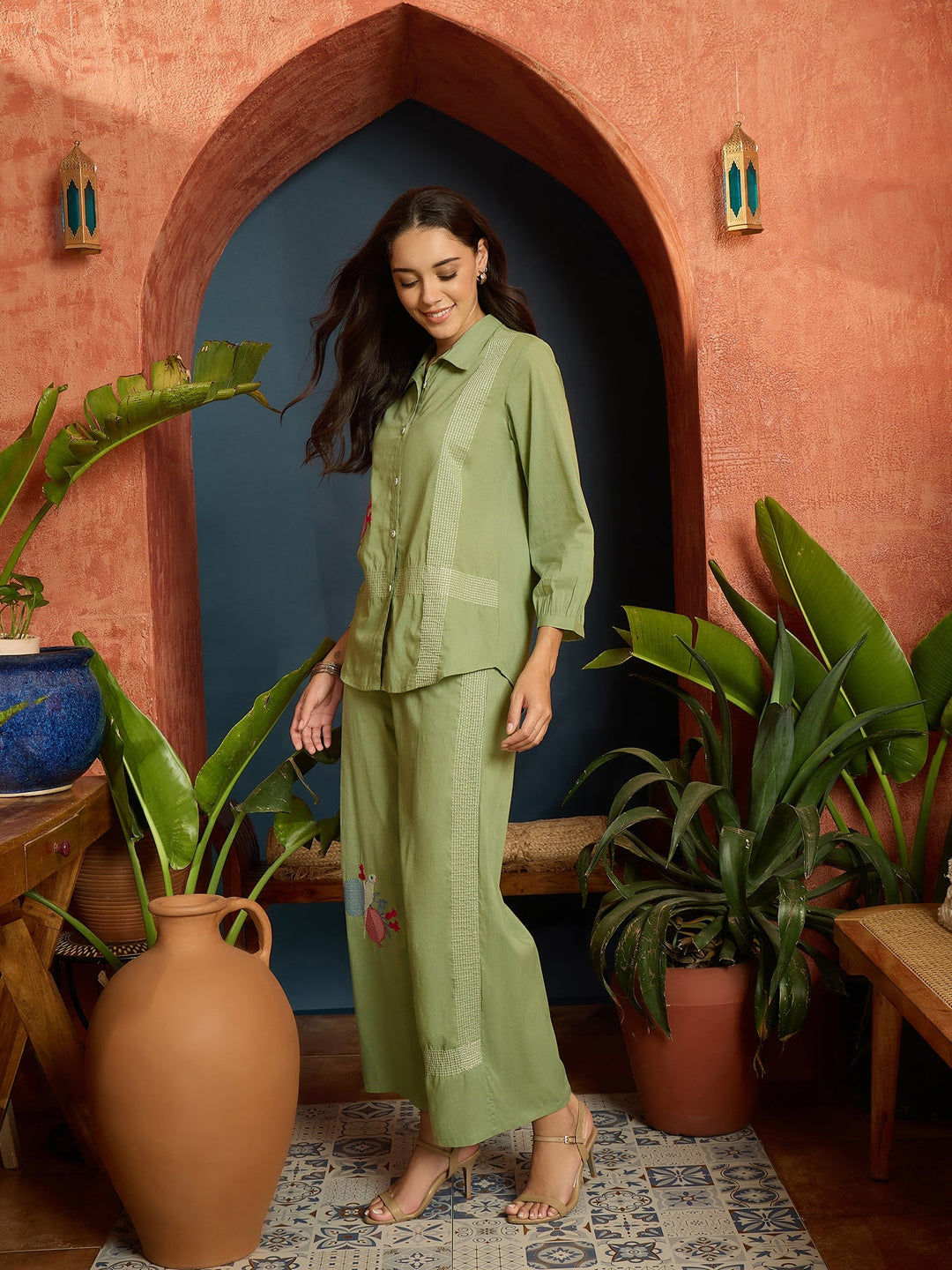 Pista Green Solid & Embroidered Cotton Slub Co-Ord Set