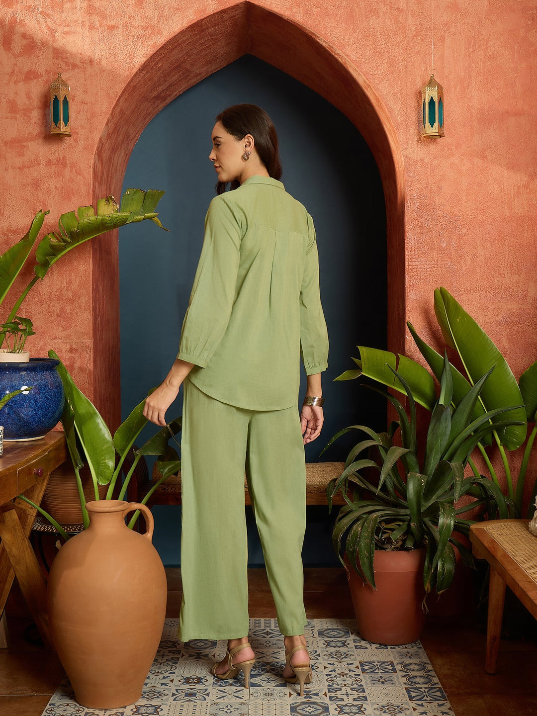 Pista Green Solid & Embroidered Cotton Slub Co-Ord Set