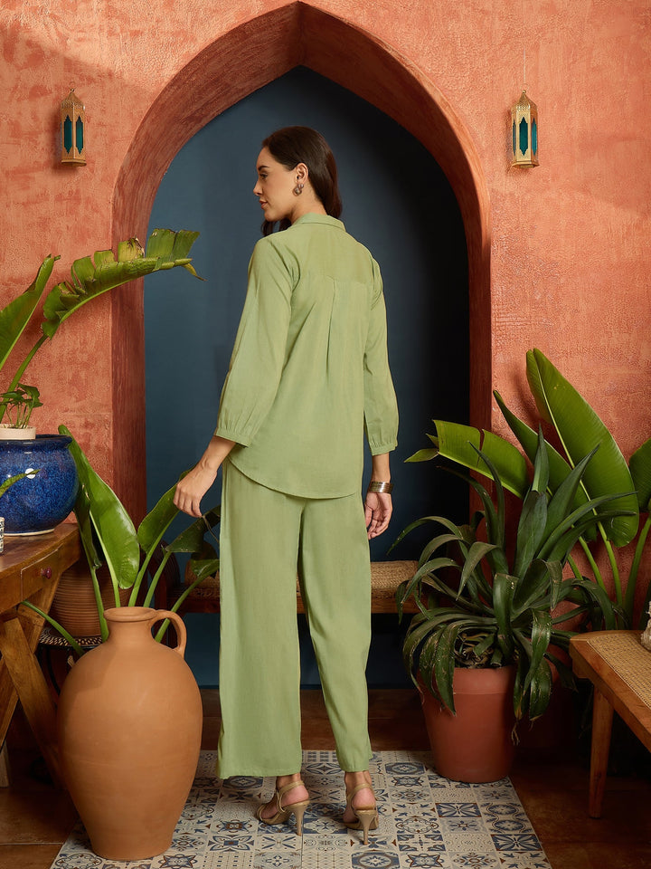 Pista Green Solid & Embroidered Cotton Slub Co-Ord Set