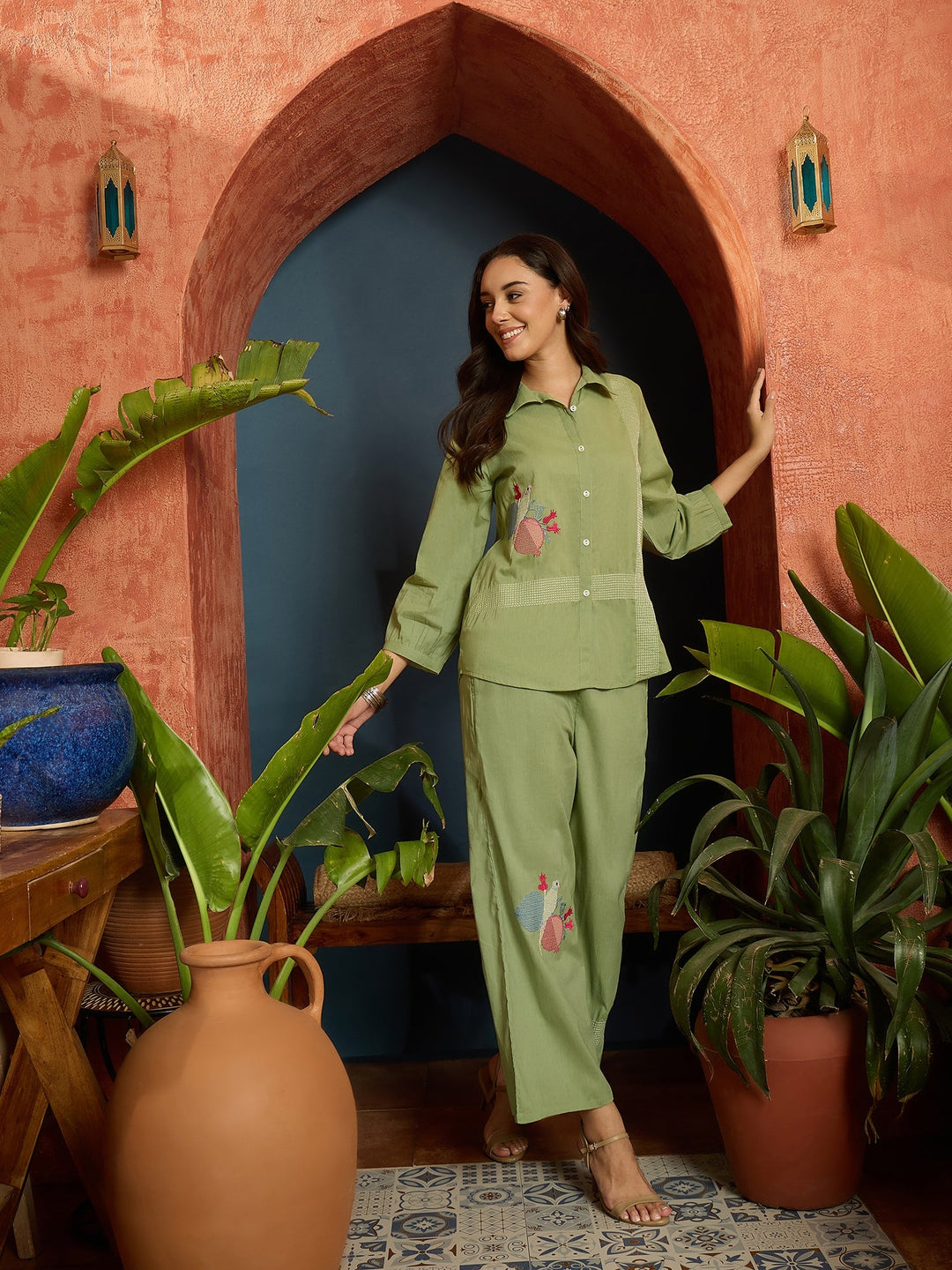 Pista Green Solid & Embroidered Cotton Slub Co-Ord Set