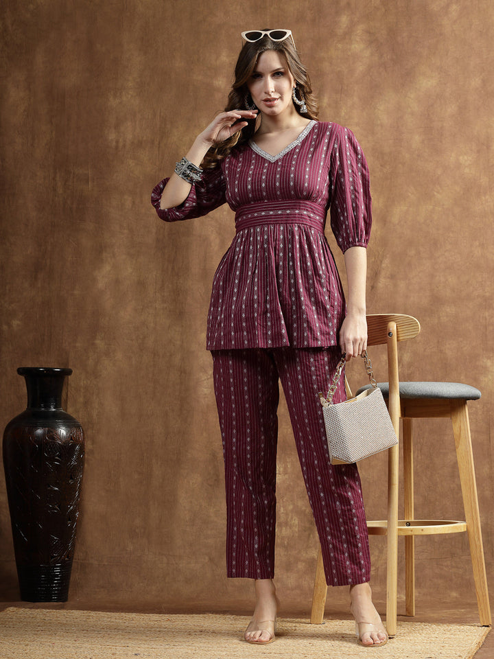 Wine-Cotton-Woven-Design-Co-Ord-Set