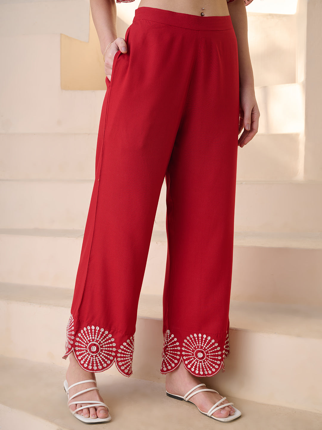 Red Solid & Embroidered Cotton Blend Co-ord Set