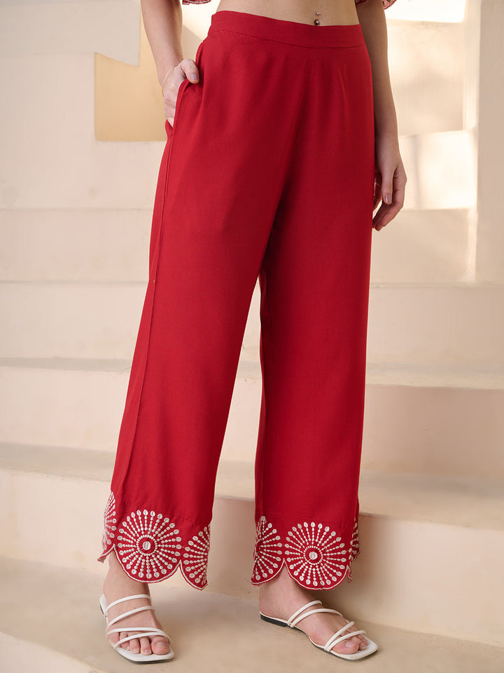 Red Solid & Embroidered Cotton Blend Co-ord Set