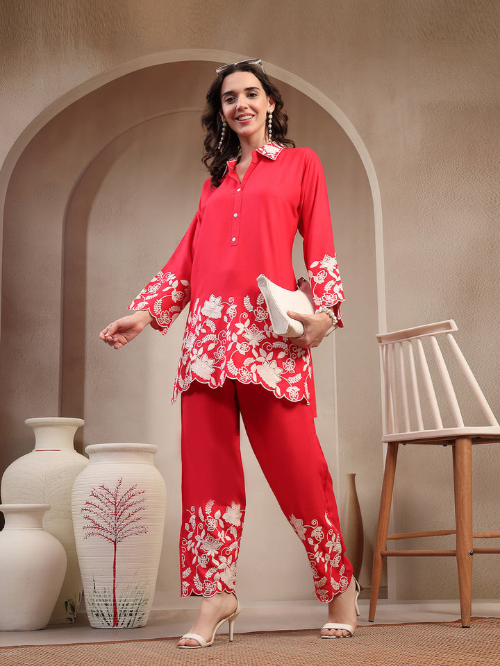 Red Solid & Embroidered Rayon Co-Ord Set