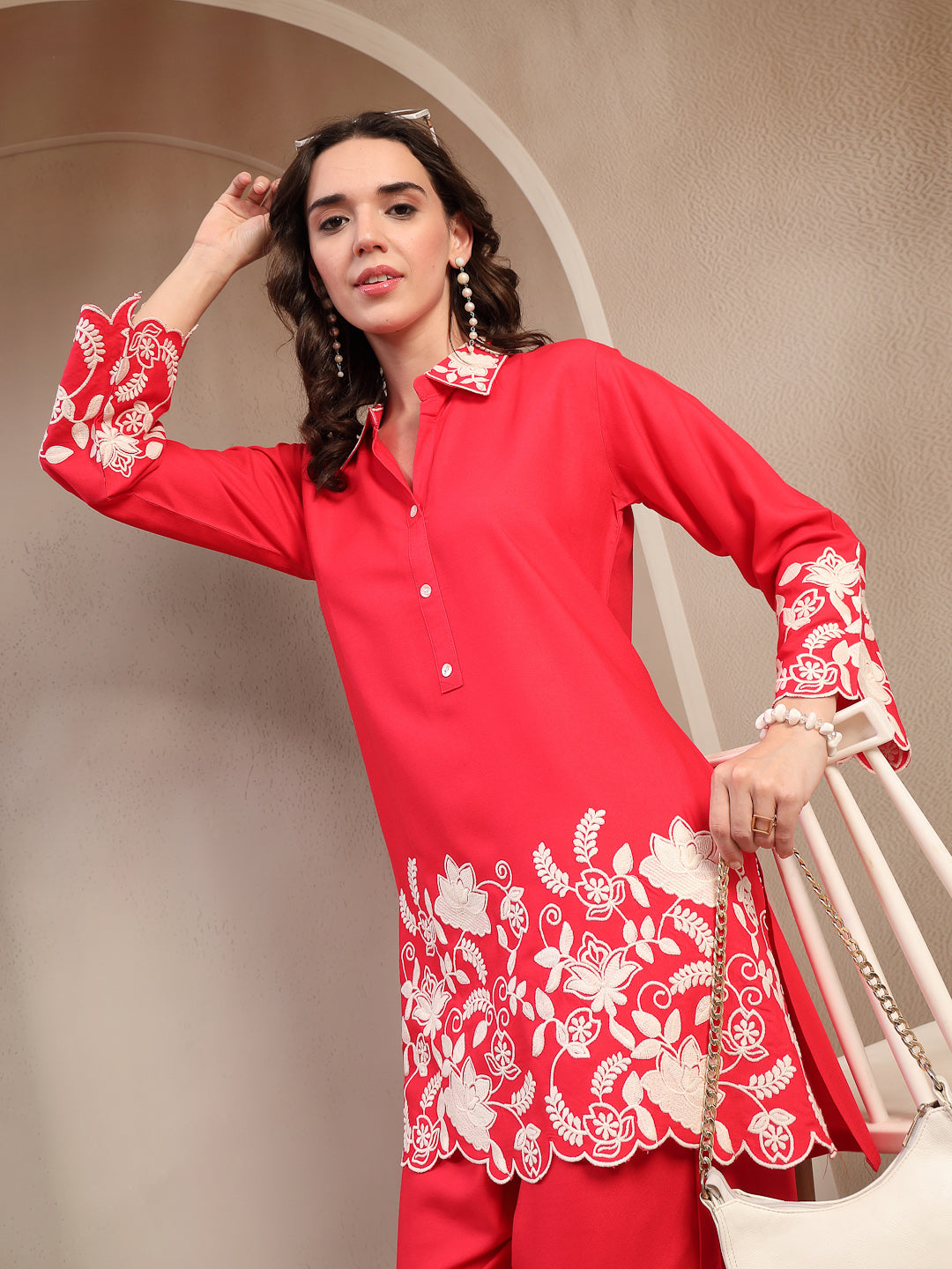 Red Solid & Embroidered Rayon Co-Ord Set
