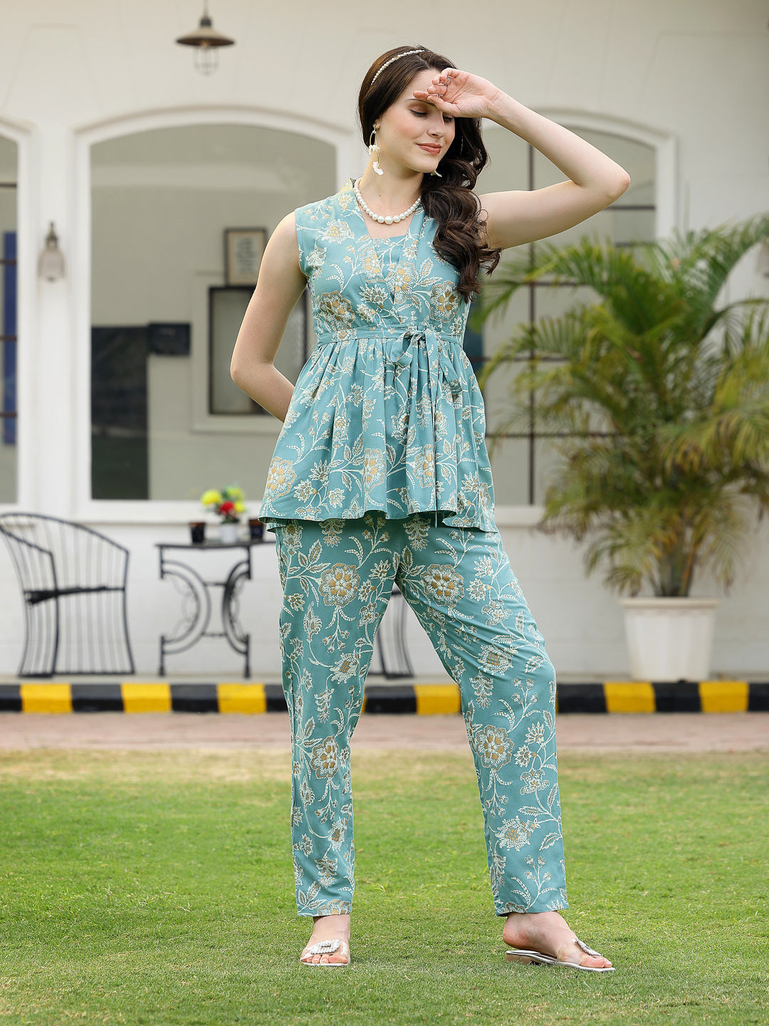 Aqua-Blue-Rayon-Floral-Printed-Co-Ord-Set