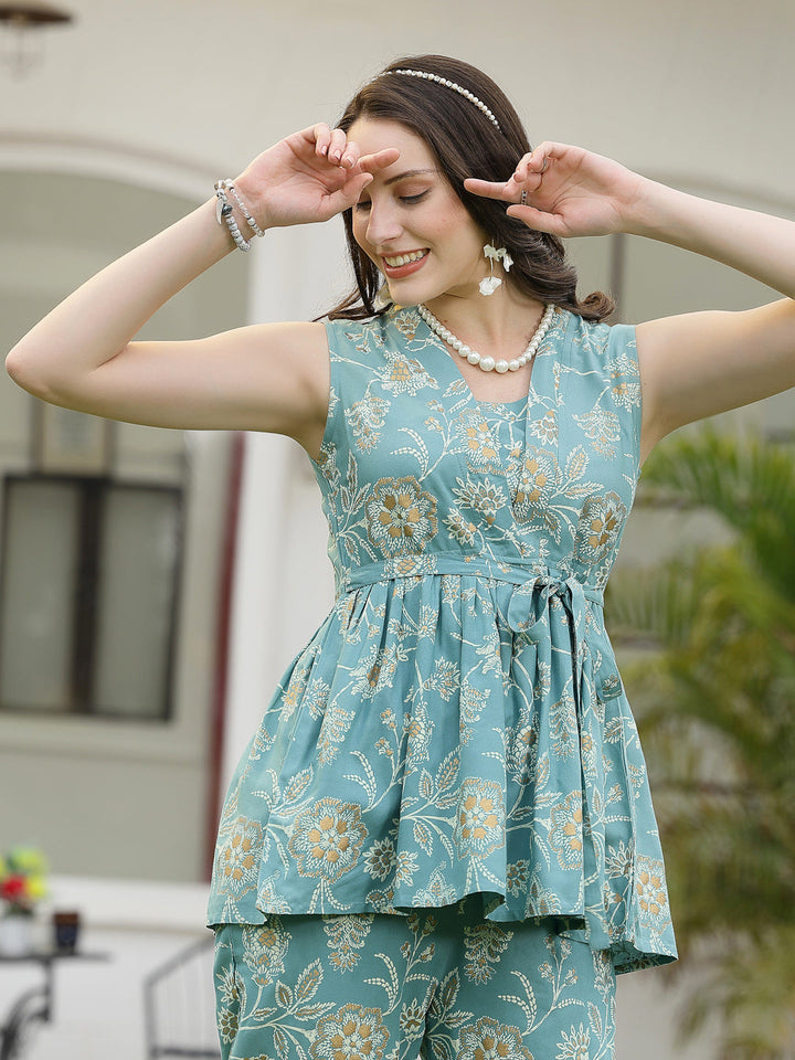 Aqua-Blue-Rayon-Floral-Printed-Co-Ord-Set