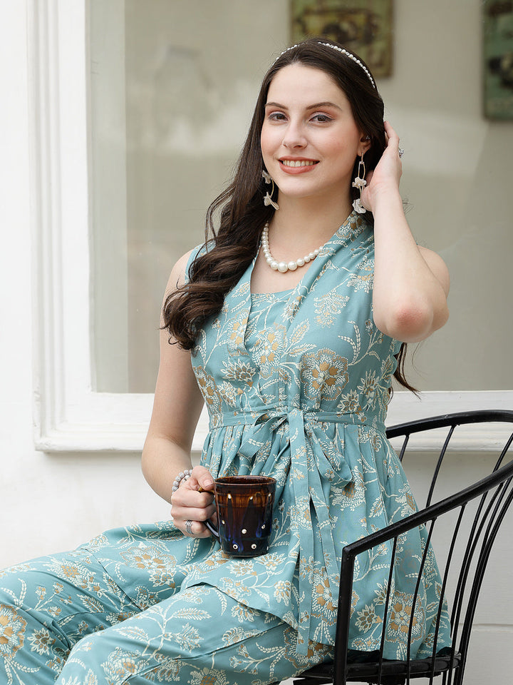Aqua-Blue-Rayon-Floral-Printed-Co-Ord-Set