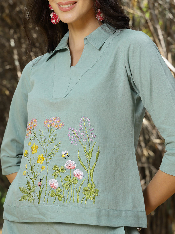 Turquoise-Cotton-Solid-&-Embroidered-Co-Ord-Set